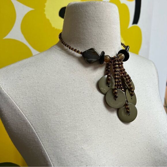 Chic Neutral Toned Handmade One of a Kind Vintage Beaded Dangly Choker Necklace - Picture 3 of 8